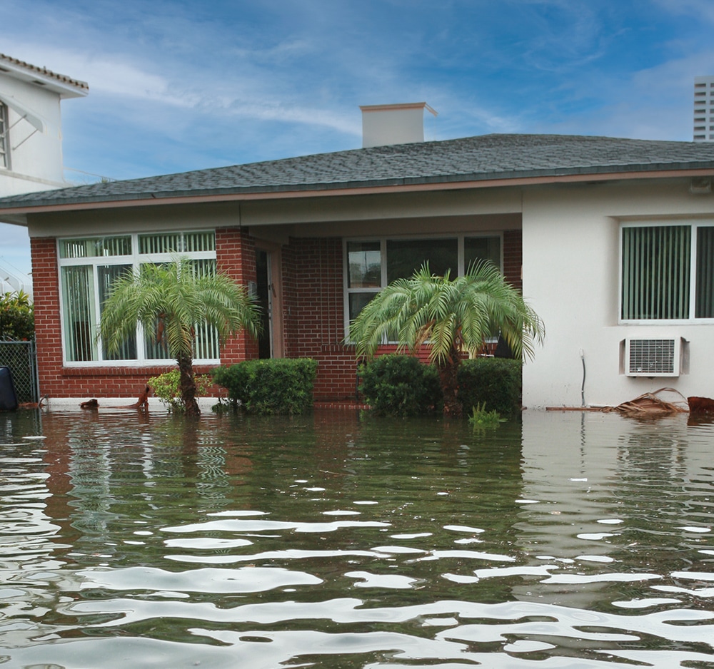 a small house surrounded by water